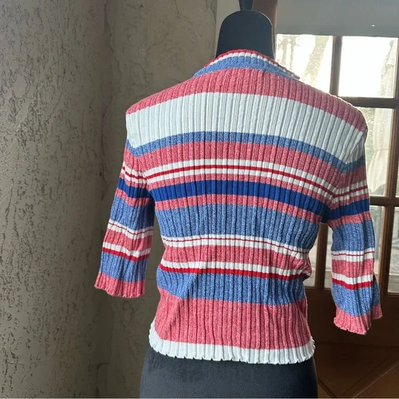 🦋 H&M Striped Red, White & Blue Crew Neck Fitted 3/4 Sleeve Cropped Sweater - Picture 9 of 10